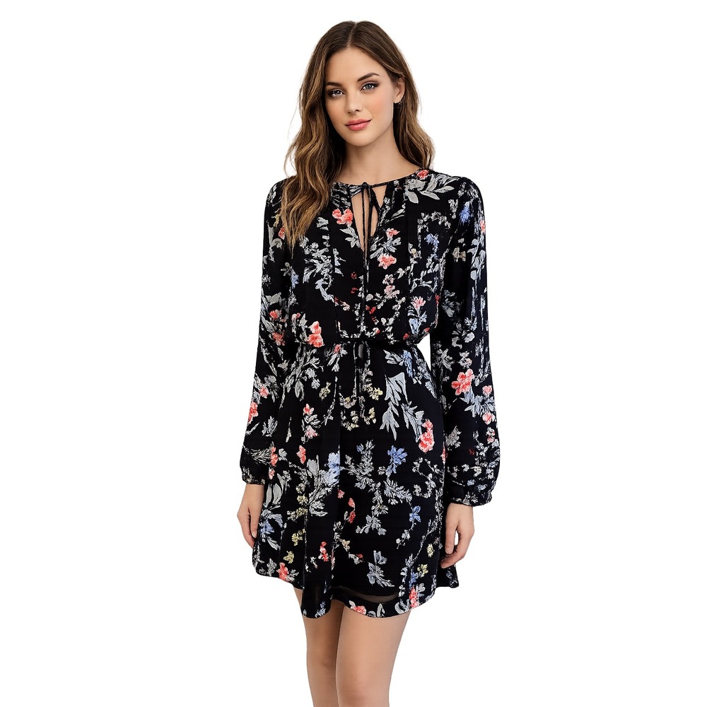 Parker Black Floral Long Sleeve Mini Dress Split Tie Neck Size XS